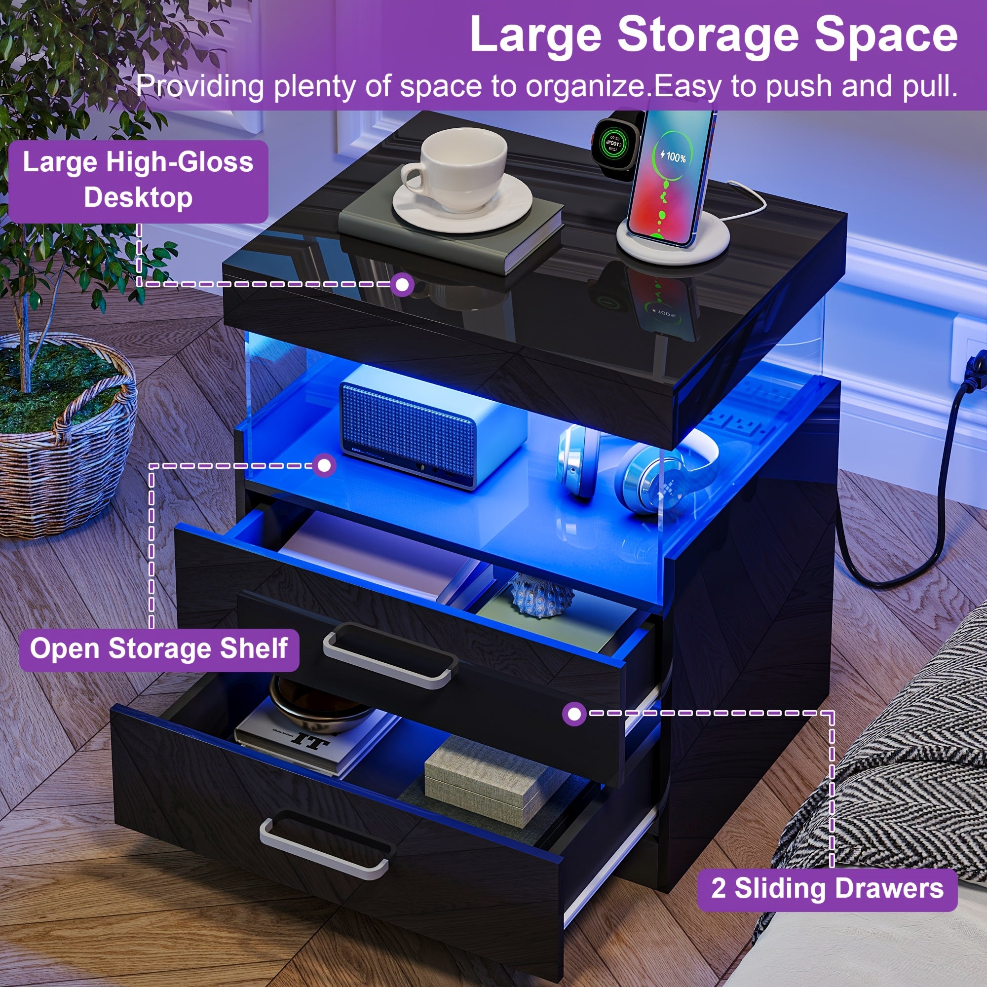 LED Nightstand with Charging Station, Modern Night Stand Set of 2 with USB Ports and Outlets