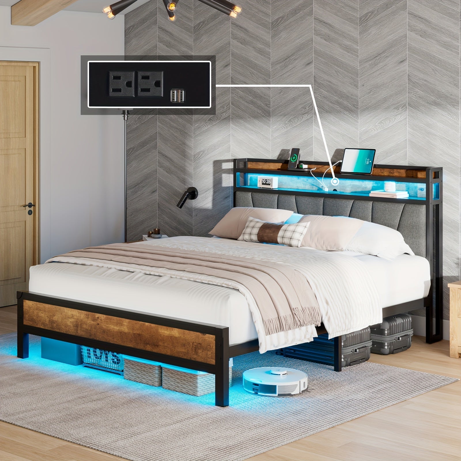 Bed Frame with RGBW LED Lights & Charging Station, Linen Upholstered Headboard with 2-Tier Storage