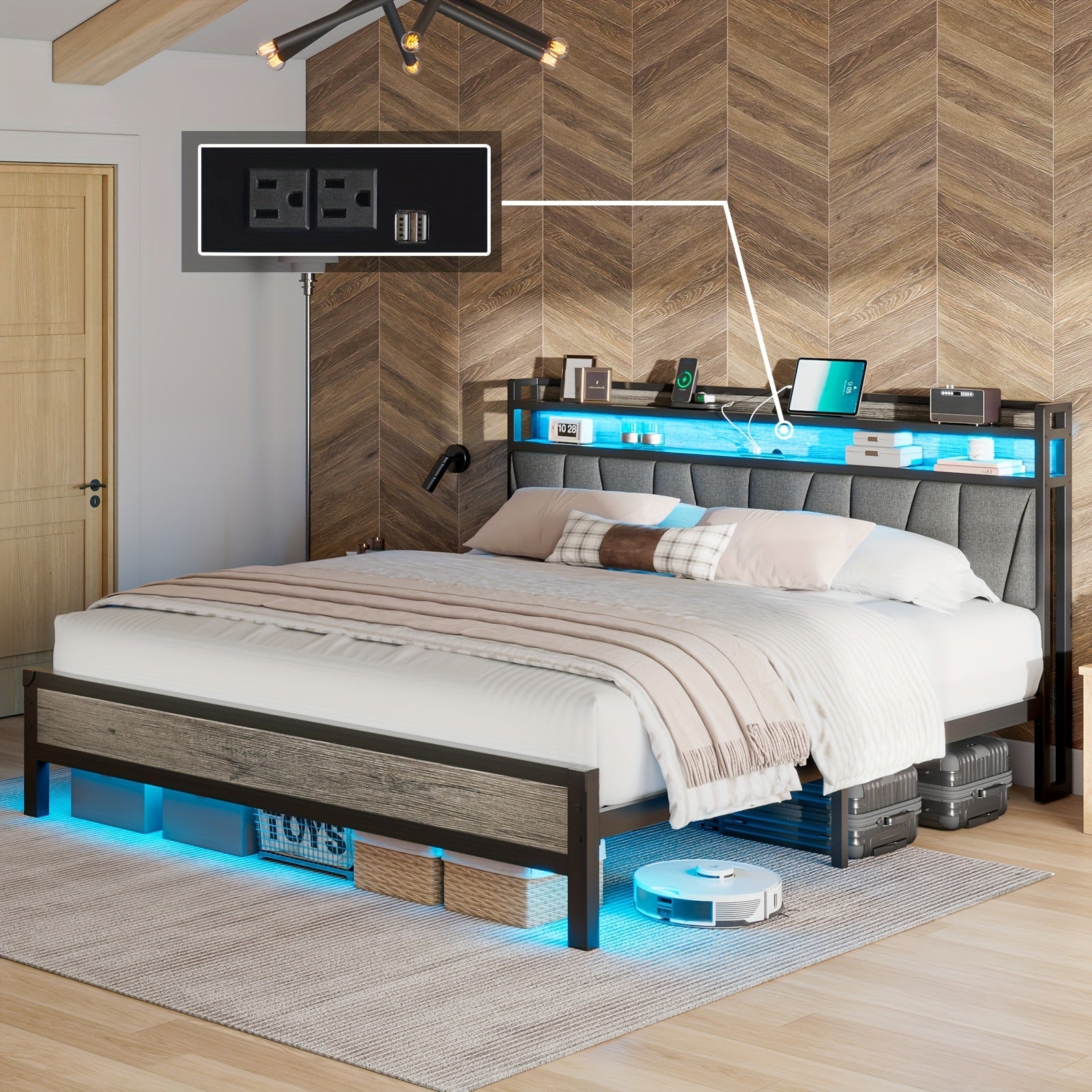 Bed Frame with RGBW LED Lights & Charging Station, Linen Upholstered Headboard with 2-Tier Storage