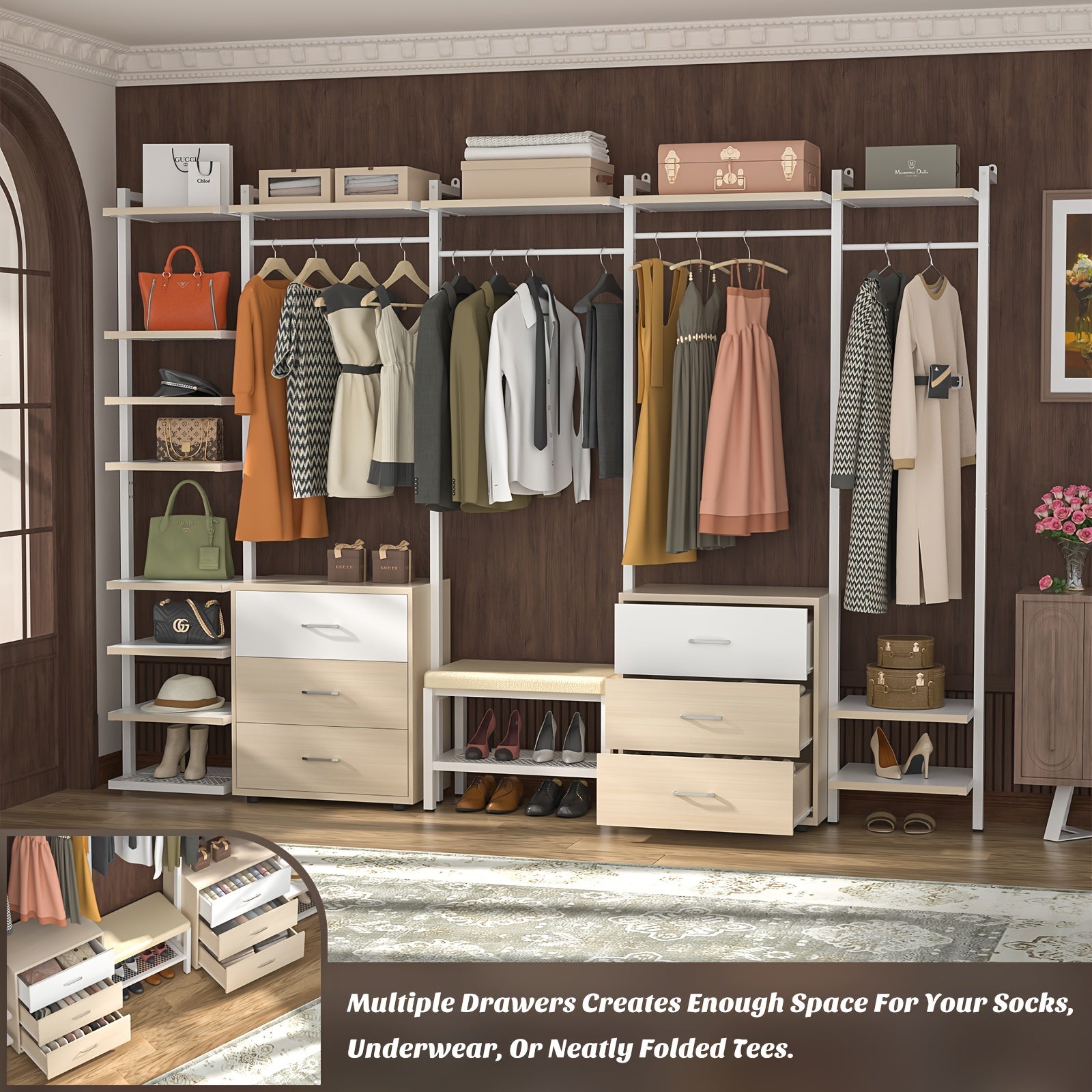 8ft Aheaplus Wardrobe System with 6 Wooden Drawers, 96in Wooden Walk-in Closet Storage Rack with Storage Shelves, Heavy Duty Clothes Hanger Wardrobe, Clothes Hanger for Hanging Clothes, Bedroom 96in L x 15.7in W x 79.5in H, Max Load 1000 Pounds