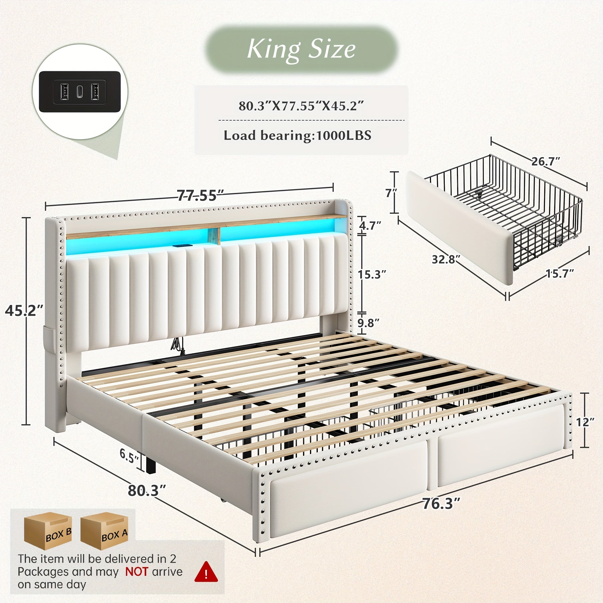 Color-Controlled Bed Frame With Light Strip And Socket, Three Sizes Available