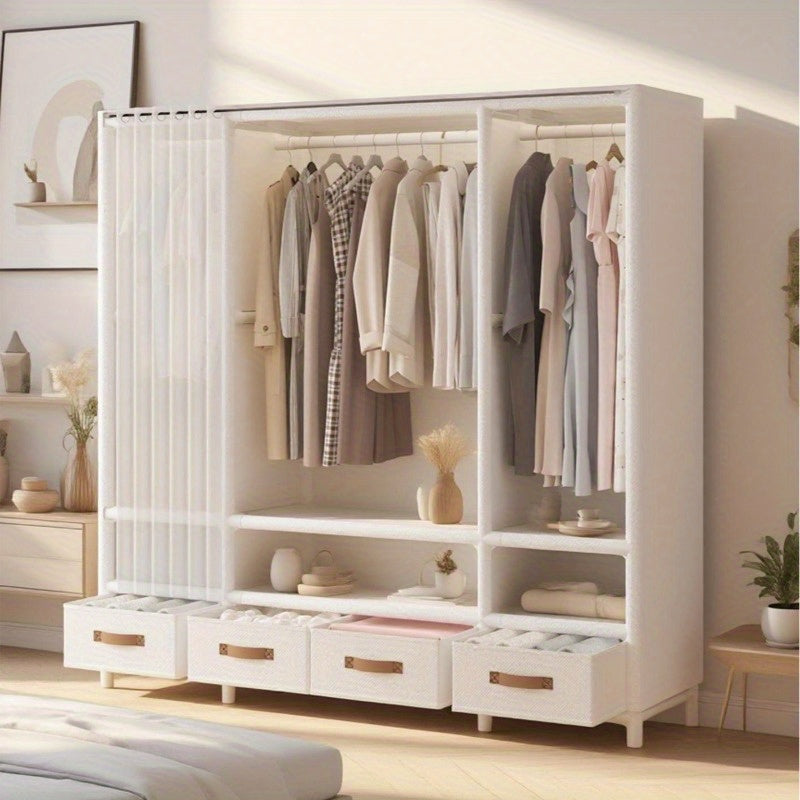A Metal Portable Wardrobe Featuring 4 Drawers, 3 Hanging Areas, And 3 Shelves