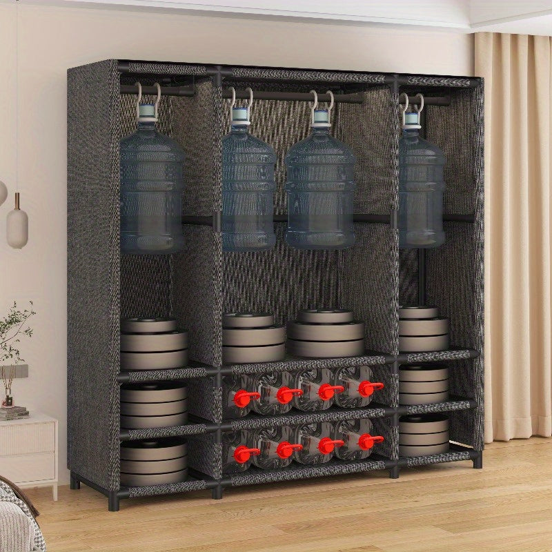 A Metal Portable Wardrobe Featuring 4 Drawers, 3 Hanging Areas, And 3 Shelves