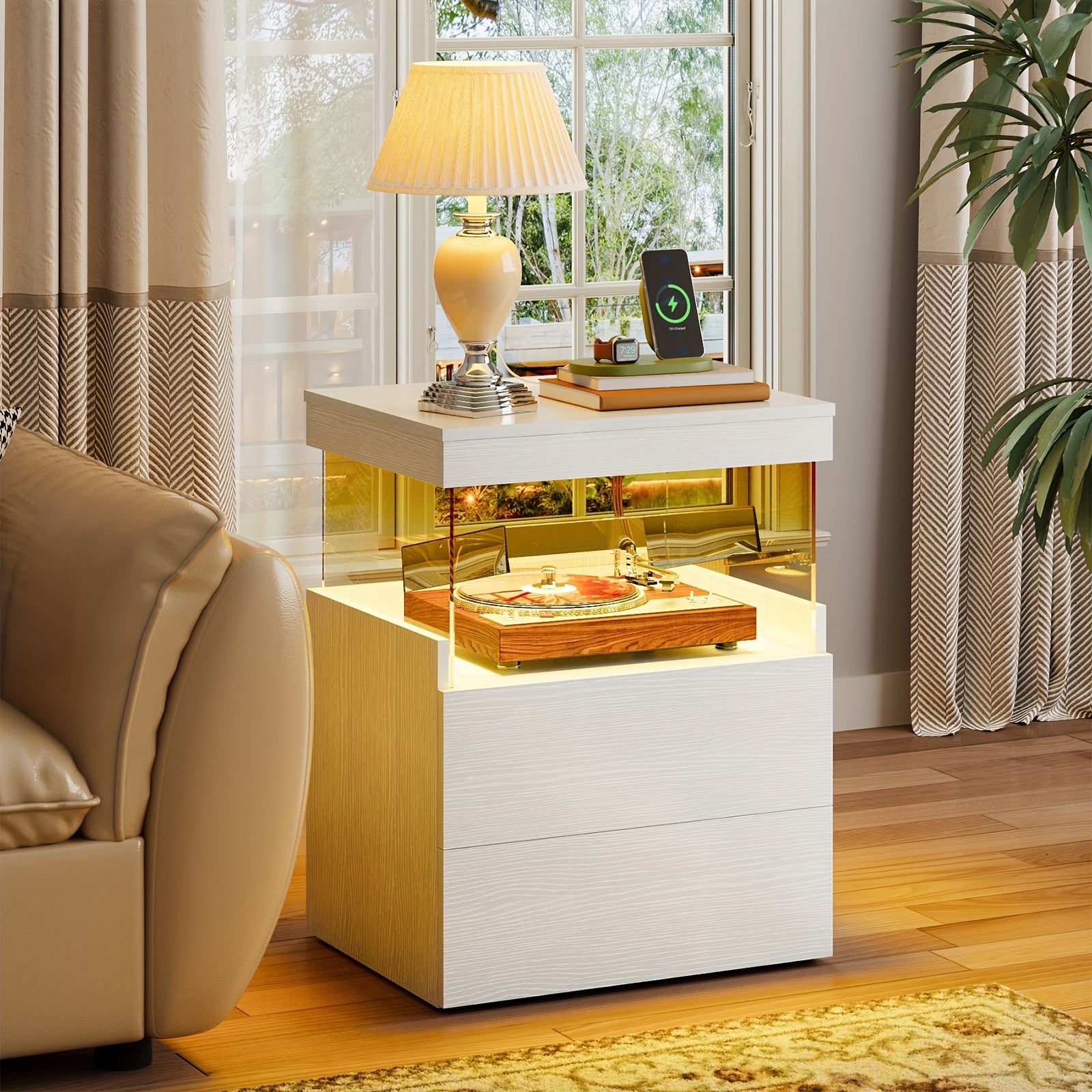 Night Stand with Charging Station And 2 Wooden Drawers