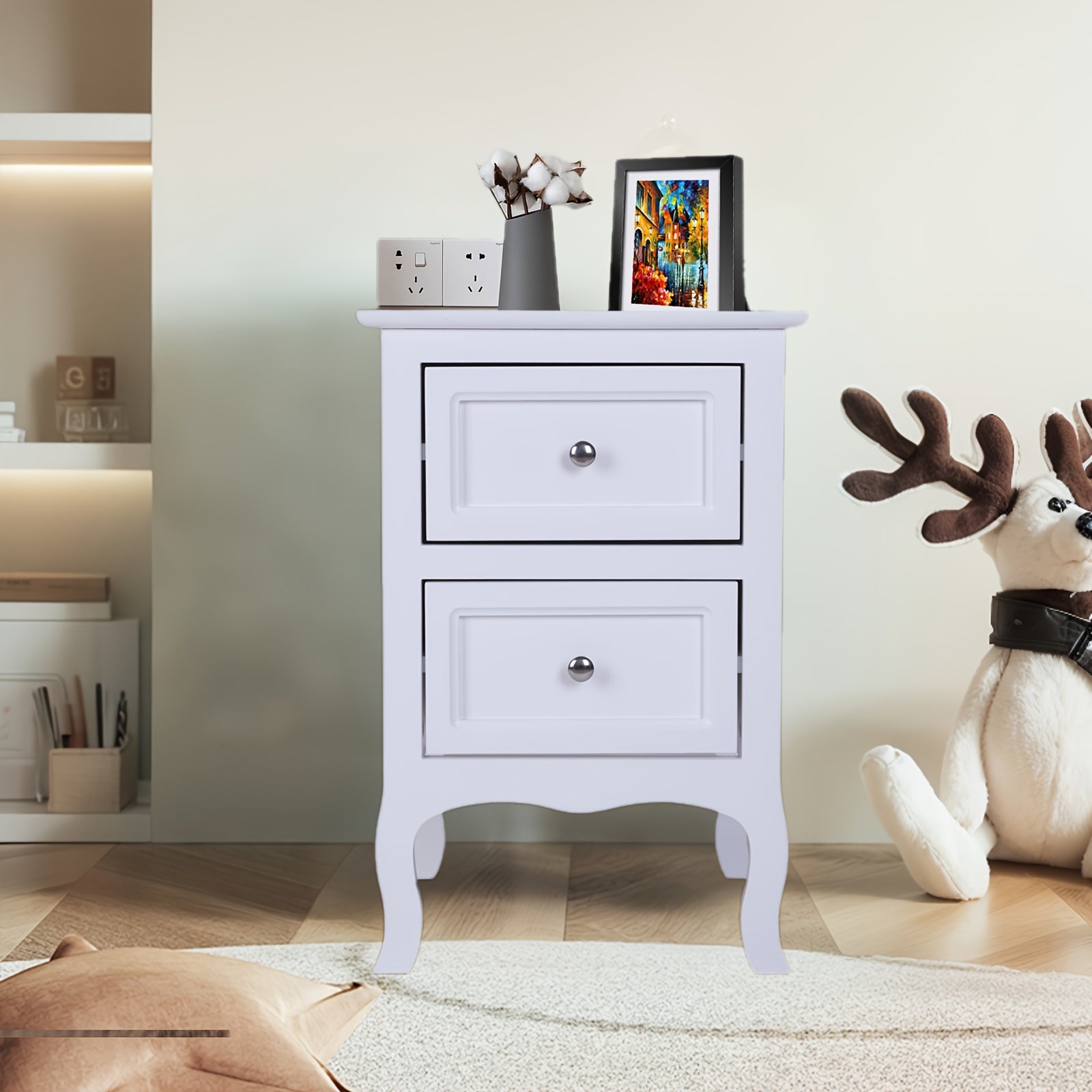 Pastoral Style Double Drawer Bedside Table, Painted Surface Density Board