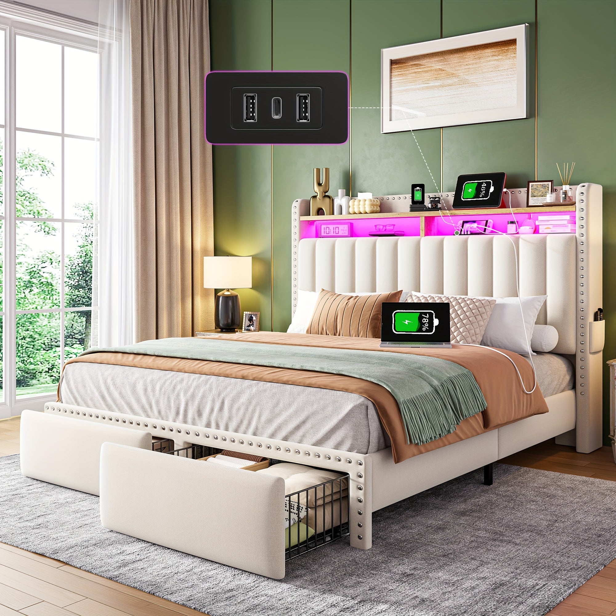 Color-Controlled Bed Frame With Light Strip And Socket, Three Sizes Available