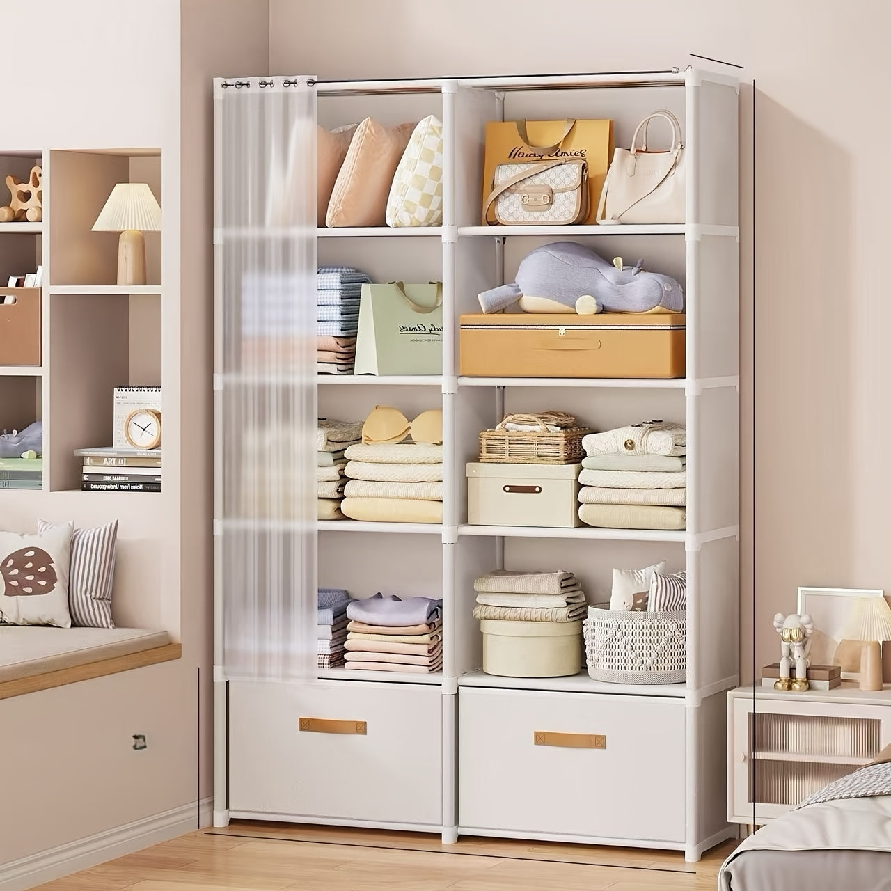 6-Tier Multi-Functional Luxury Easy-to-Assemble Wardrobe with Drawers and Curtain