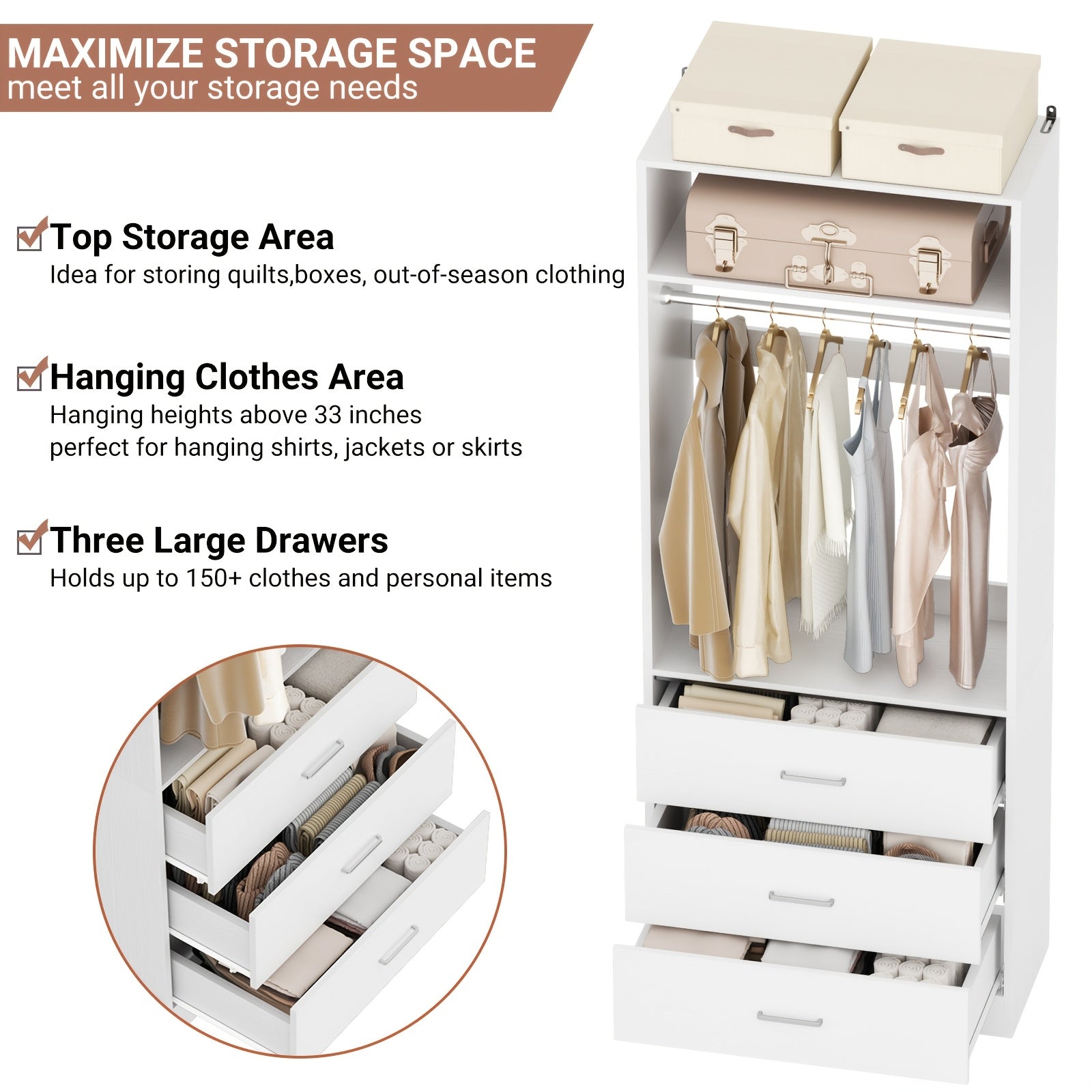 4-Foot Closet Setups Featuring 6 Wooden Drawers, a 48-Inch Closet Organization System Equipped with 2 Hanging Rods And 2 Shelves, a Robust 48-Inch Walk-In Closet, Sold As a Pair (48\