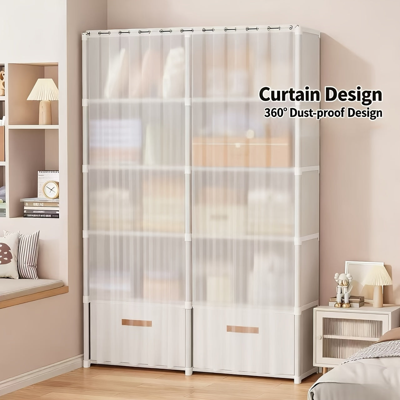 6-Tier Multi-Functional Luxury Easy-to-Assemble Wardrobe with Drawers and Curtain