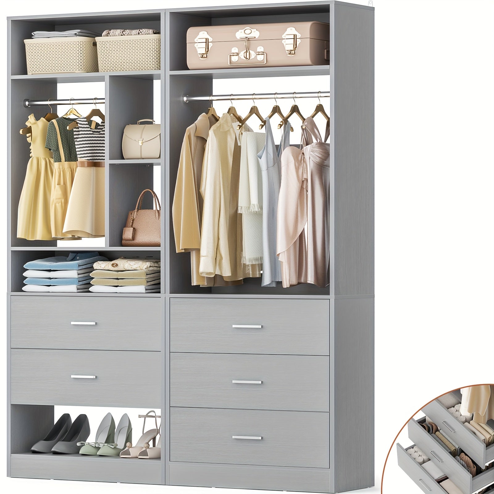 4ft Closet Systems with 5 Wood Drawers, 48 Inch Closet Organizer System with 2 Hanging Rods & 7 Shelves, Heavy Duty 48\