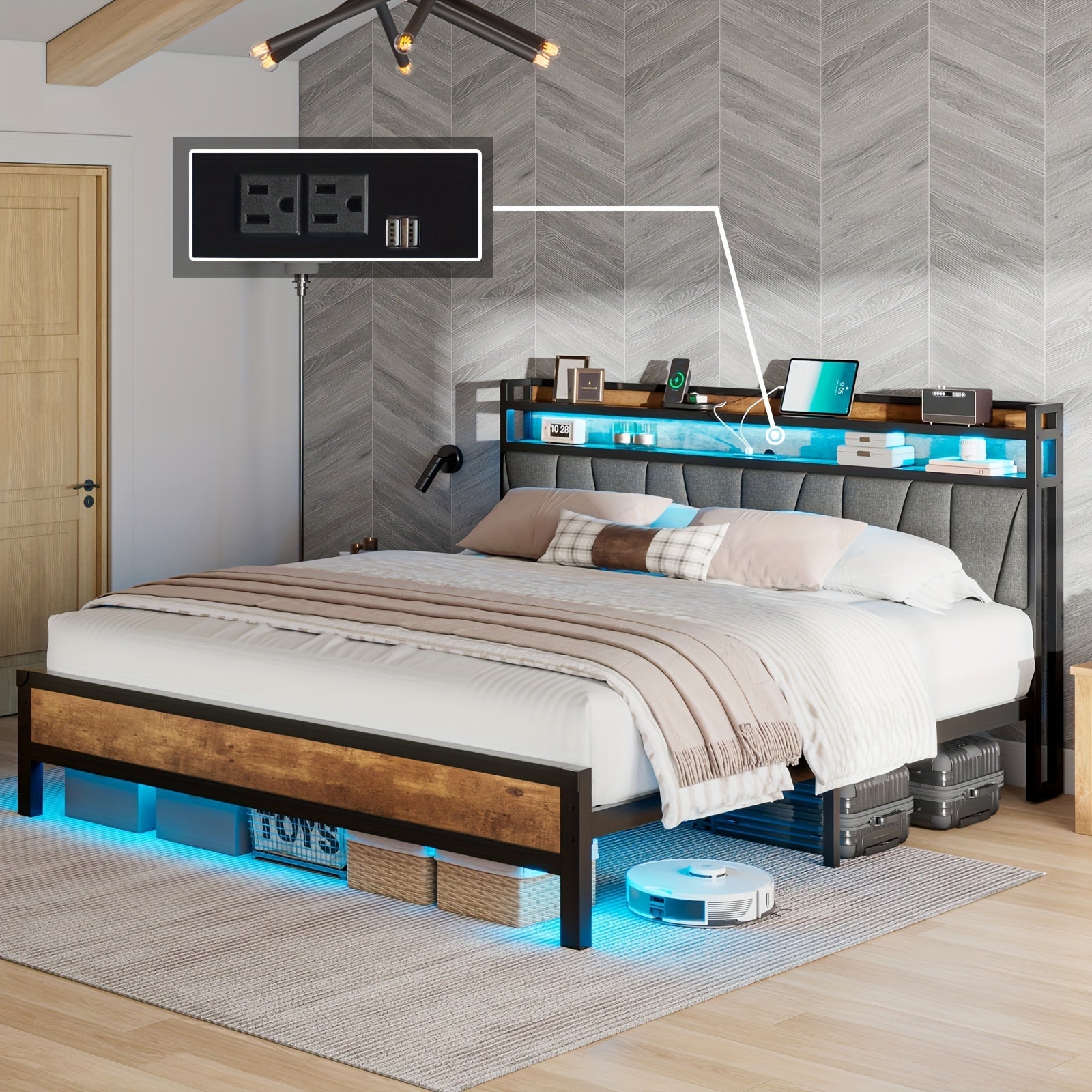Bed Frame with RGBW LED Lights & Charging Station, Linen Upholstered Headboard with 2-Tier Storage