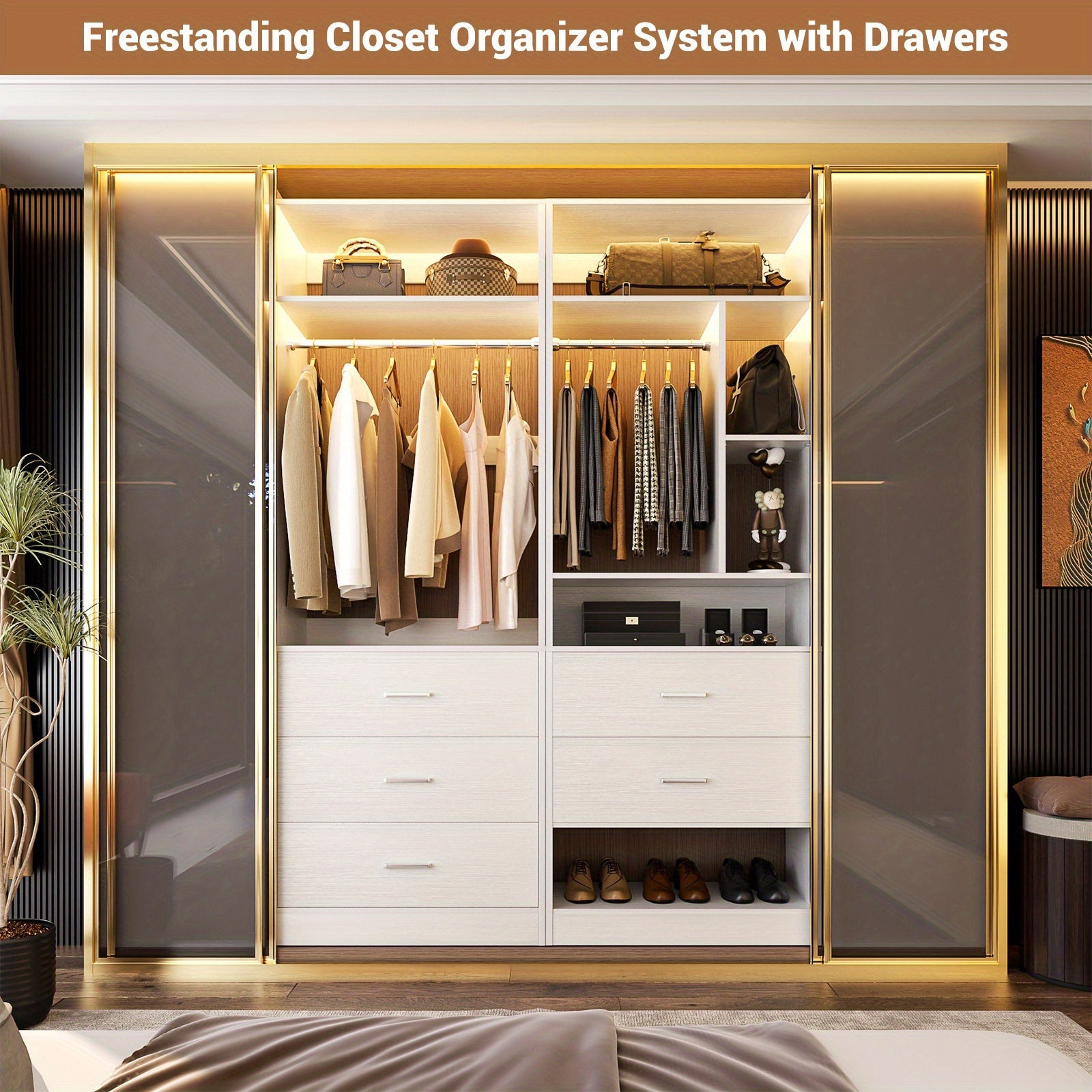4ft Closet Systems with 5 Wood Drawers, 48 Inch Closet Organizer System with 2 Hanging Rods & 7 Shelves, Heavy Duty 48\