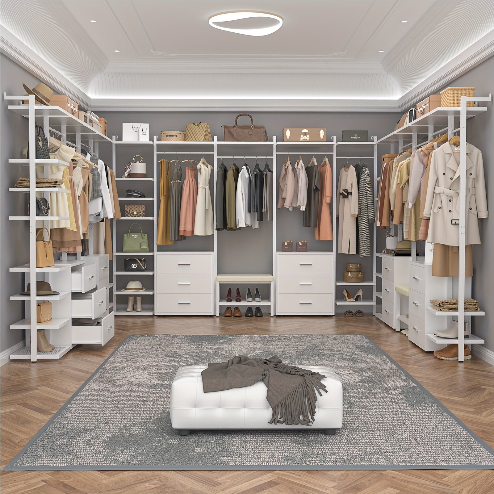 8ft Aheaplus Wardrobe System with 6 Wooden Drawers, 96in Wooden Walk-in Closet Storage Rack with Storage Shelves, Heavy Duty Clothes Hanger Wardrobe, Clothes Hanger for Hanging Clothes, Bedroom 96in L x 15.7in W x 79.5in H, Max Load 1000 Pounds