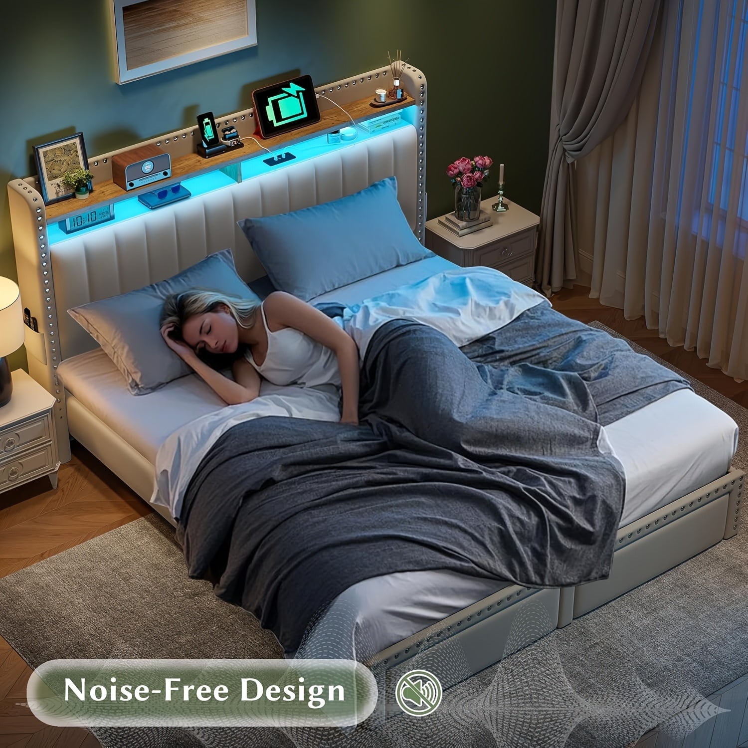Color-Controlled Bed Frame With Light Strip And Socket, Three Sizes Available