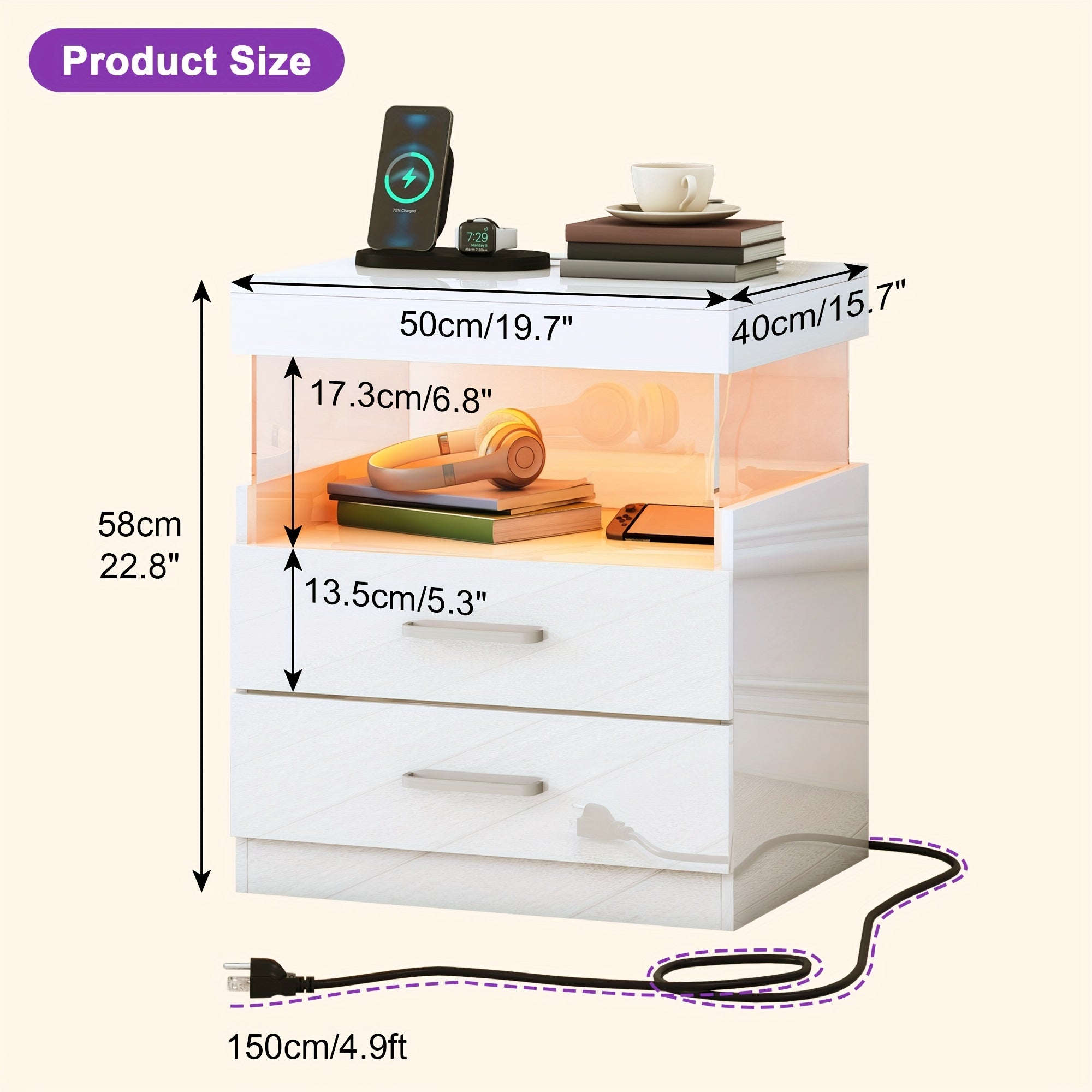 LED Nightstand with Charging Station, Modern Night Stand Set of 2 with USB Ports and Outlets