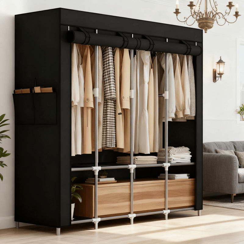 4-Tier Freestanding Wardrobe | Modern Minimalist Heavy-Duty Clothes Storage Cabinet with Sturdy Metal Frame