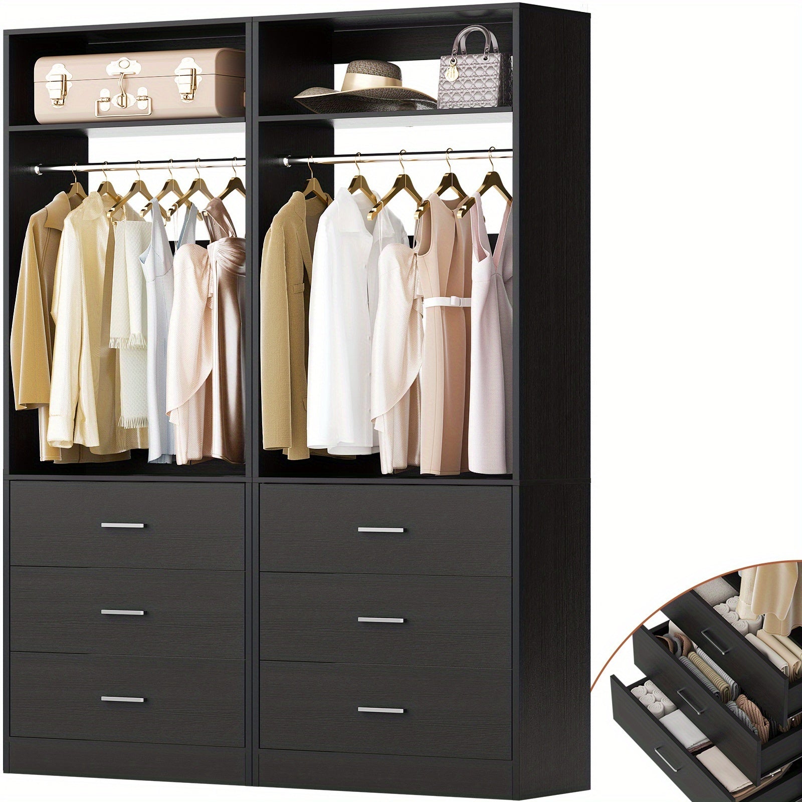 48-Inch Closet System 4FT Wardrobe System Featuring 6 Wooden Drawers, a 48-Inch Closet Organization System with 2 Hanging Rods And 2 Shelves, a Heavy-Duty 48-Inch Walk-In Closet, Sold As a Set (48 Inches Long X 15 Inches Wide X 80 Inches High)