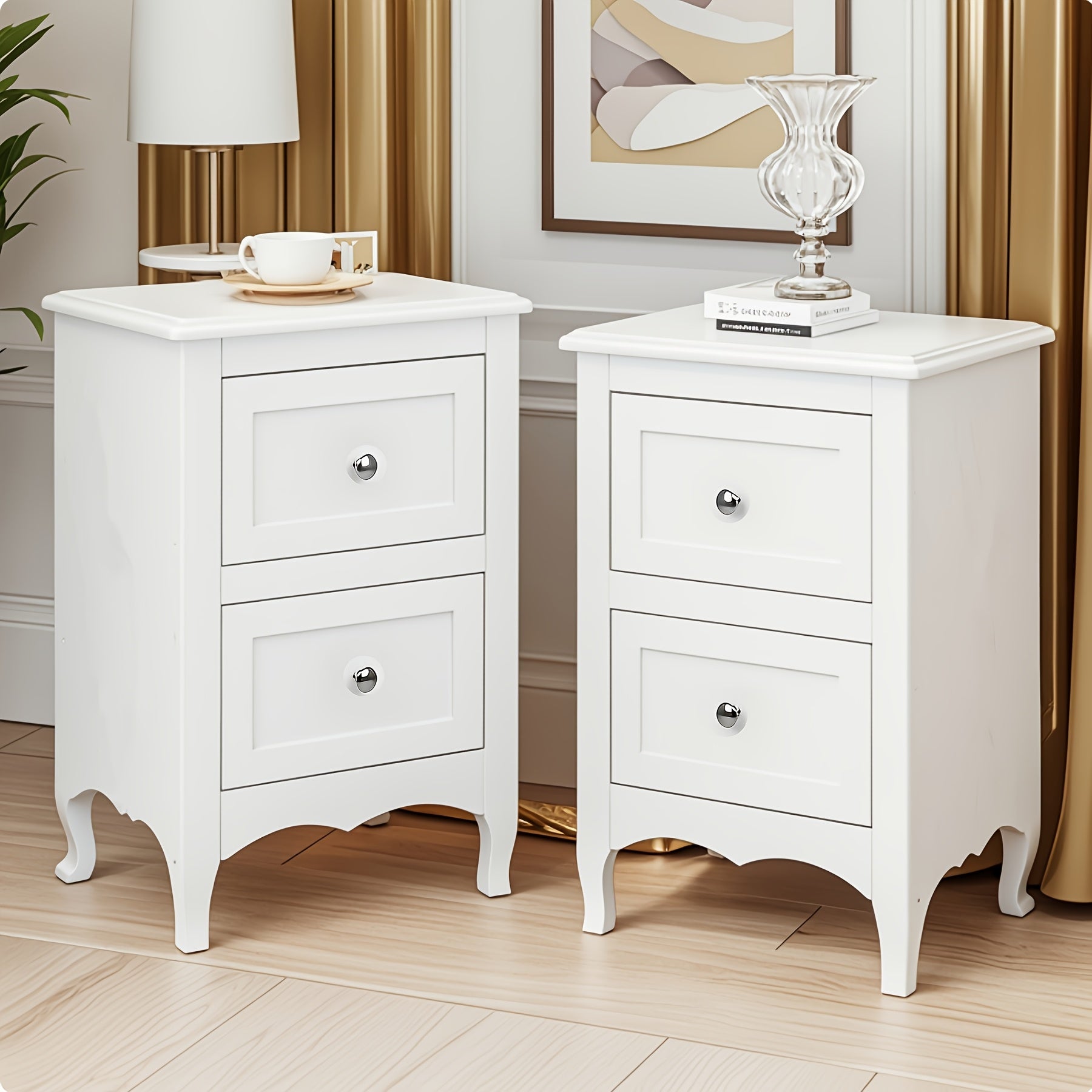 Pastoral Style Double Drawer Bedside Table, Painted Surface Density Board