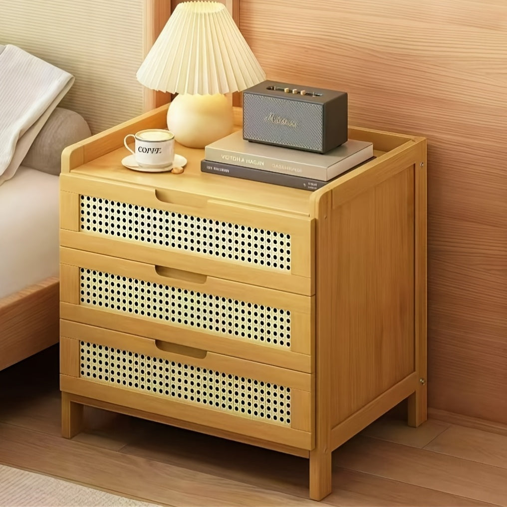 Bamboo Wood Bedside Table with Drawer and Open Storage Cabinet