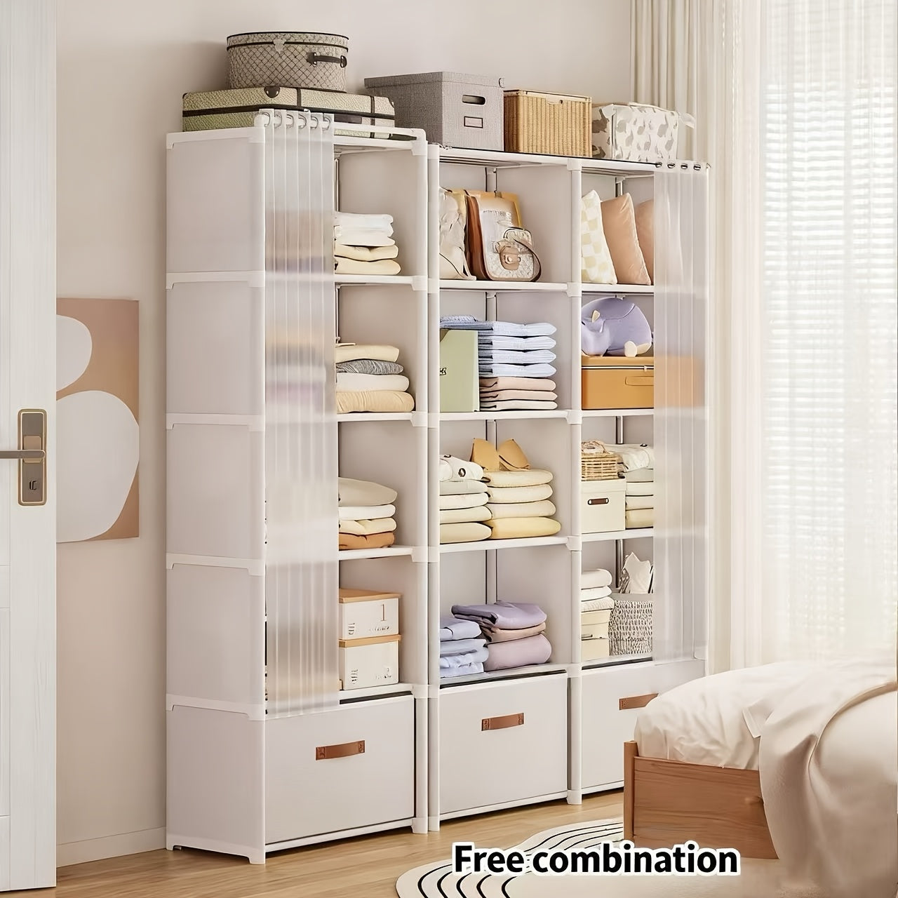 6-Tier Multi-Functional Luxury Easy-to-Assemble Wardrobe with Drawers and Curtain