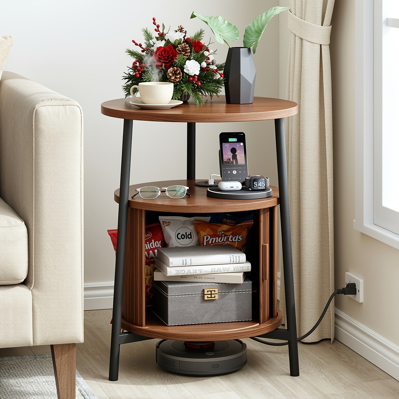 Round Side Table with Storage, Fluted Nightstand with Charging Station