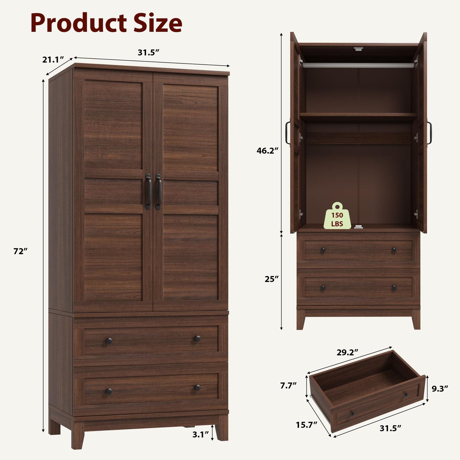 Armoire Wardrobe Closet with 2 Drawers | 72 in Wooden Wardrobe Cabinet with Hanging Rod, Tall Clothing Armoire Cabinet with Doors and 18 Adjustable Shelves for Bedroom, Clothes | Contemporary Style, Floor Mount