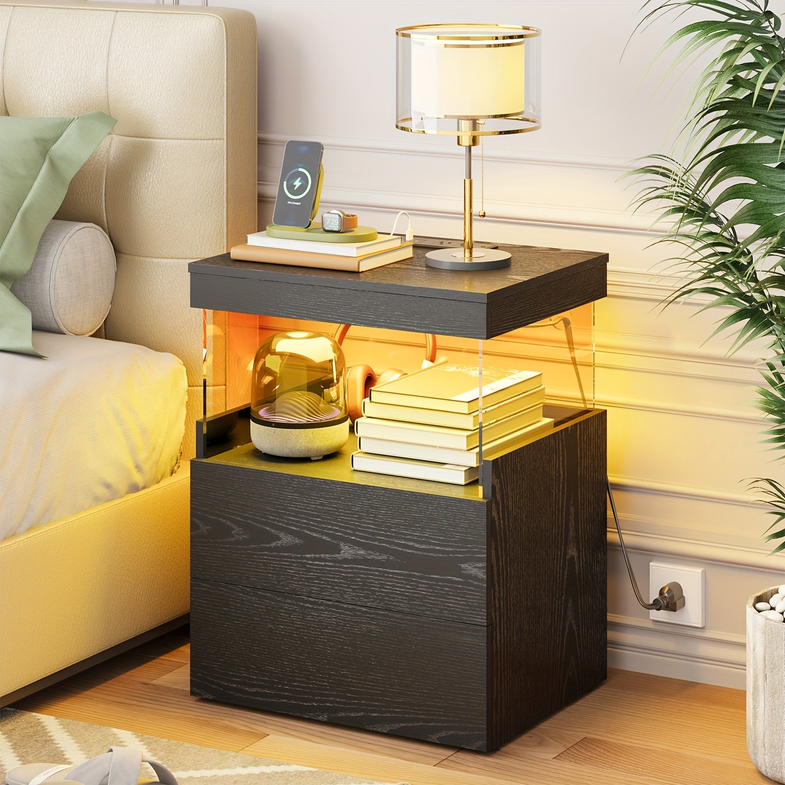 Night Stand with Charging Station And 2 Wooden Drawers