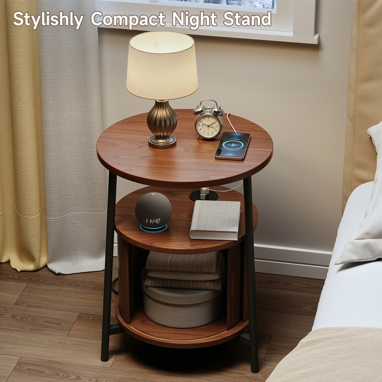 Round Side Table with Storage, Fluted Nightstand with Charging Station