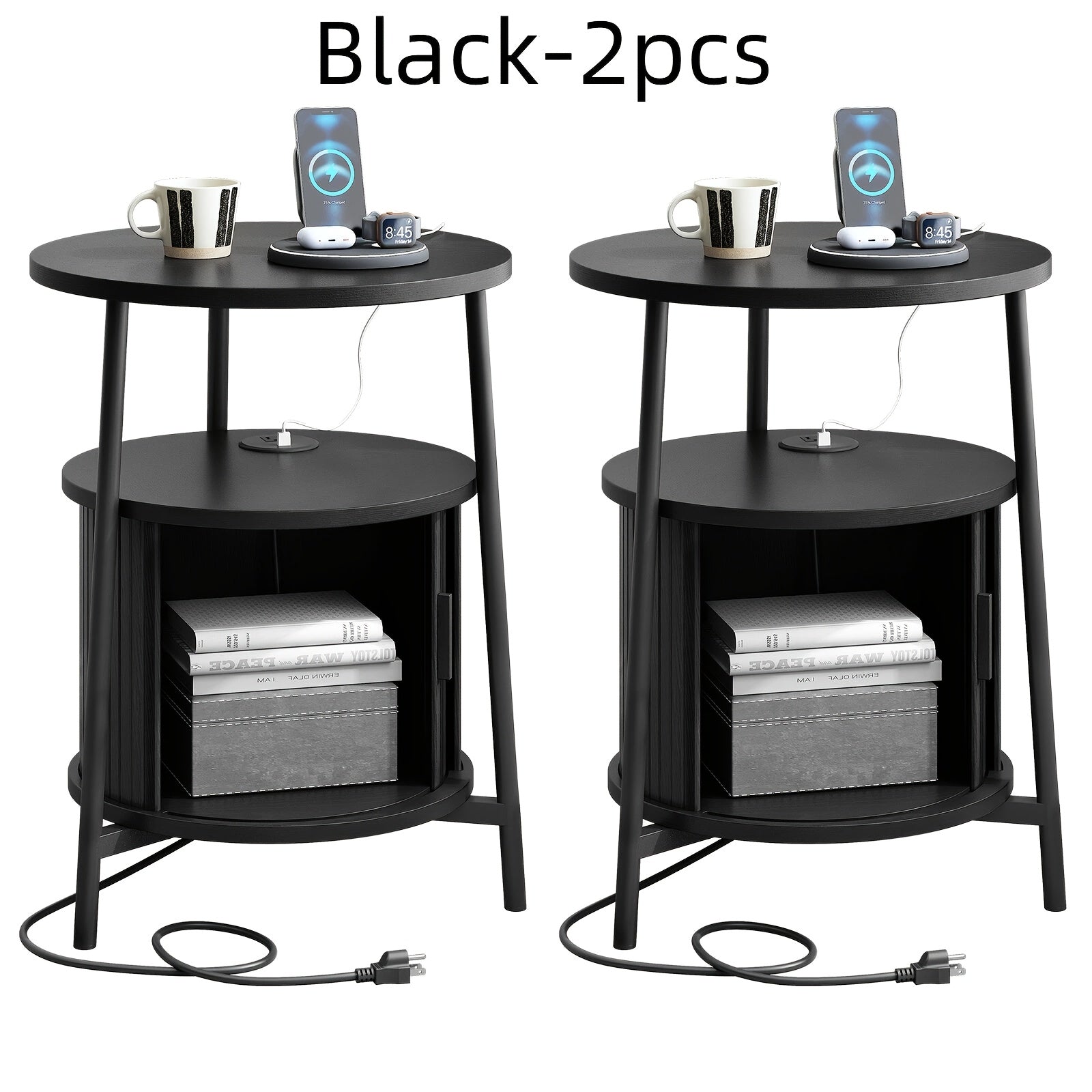 Round Side Table with Storage, Fluted Nightstand with Charging Station