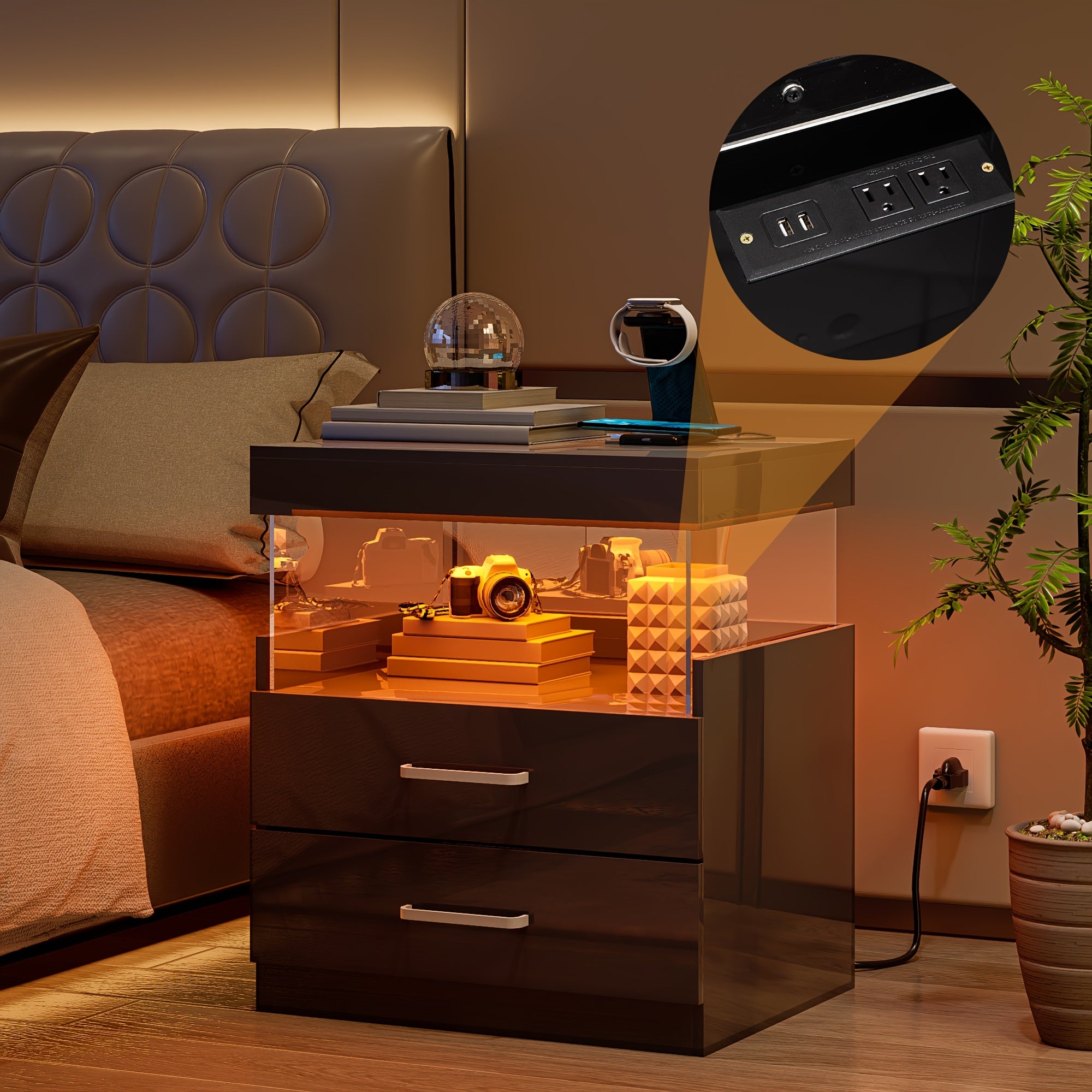 LED Nightstand with Charging Station, Modern Night Stand Set of 2 with USB Ports and Outlets