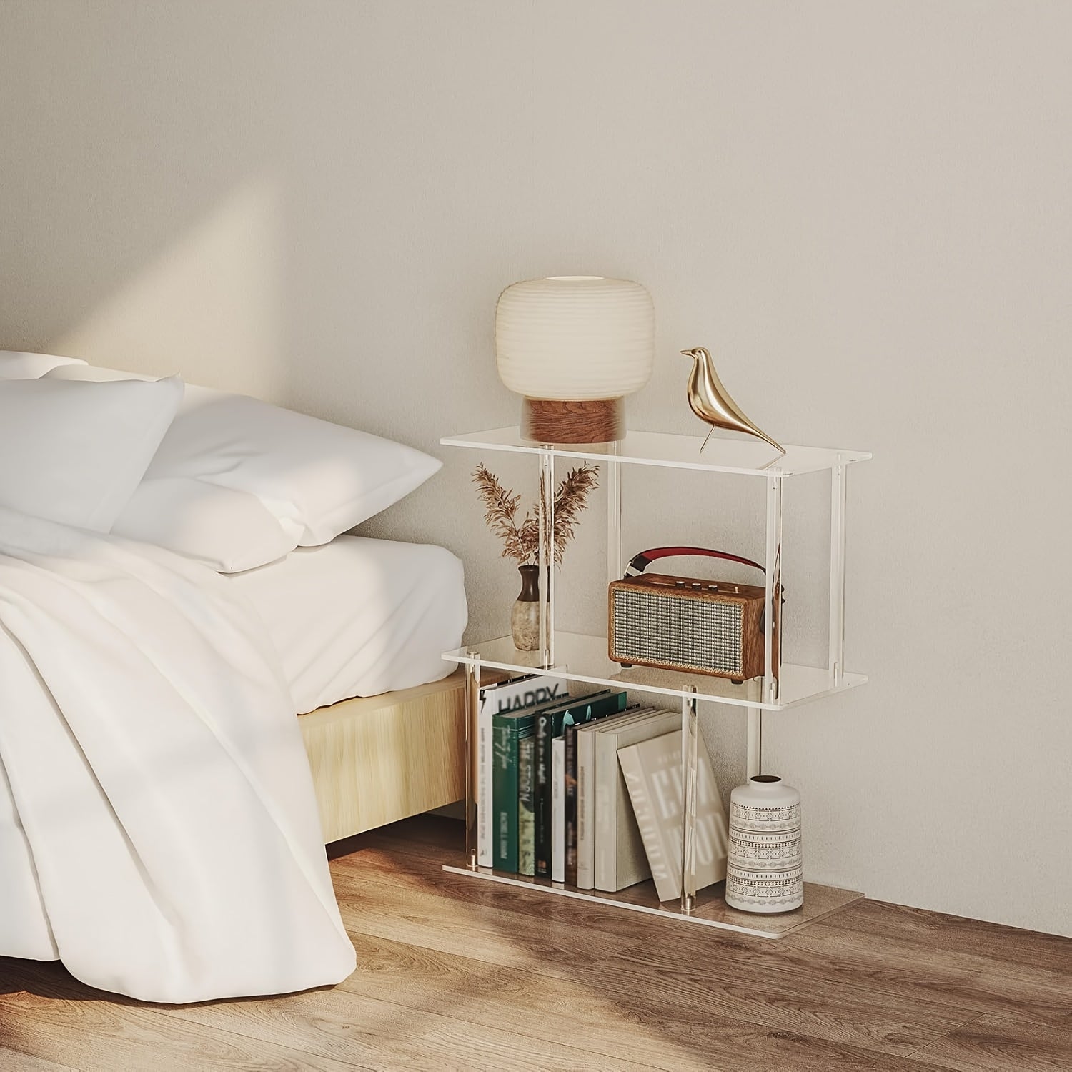 Transparent Acrylic Geometric Bookshelf, Minimalist Bedside Table