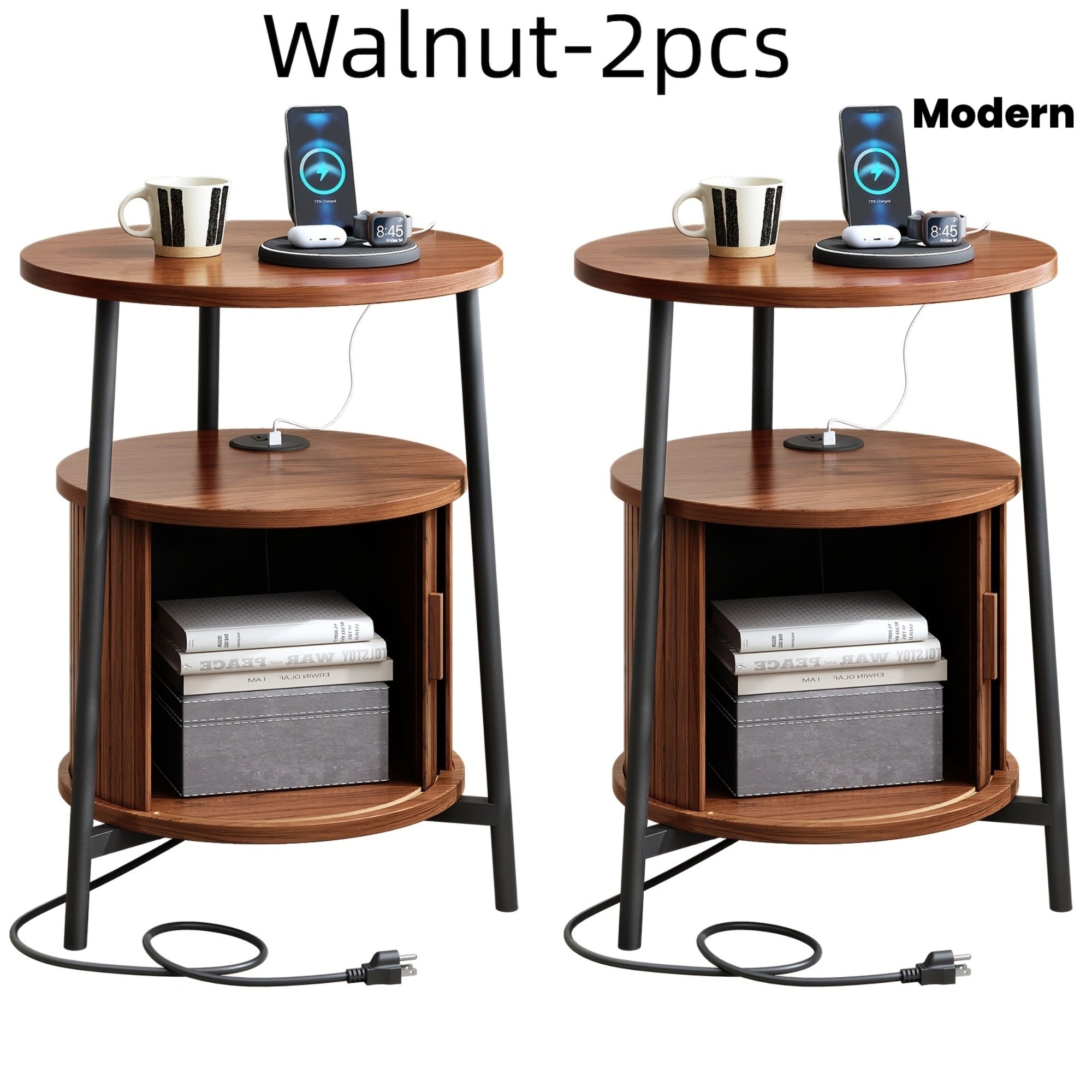 Round Side Table with Storage, Fluted Nightstand with Charging Station