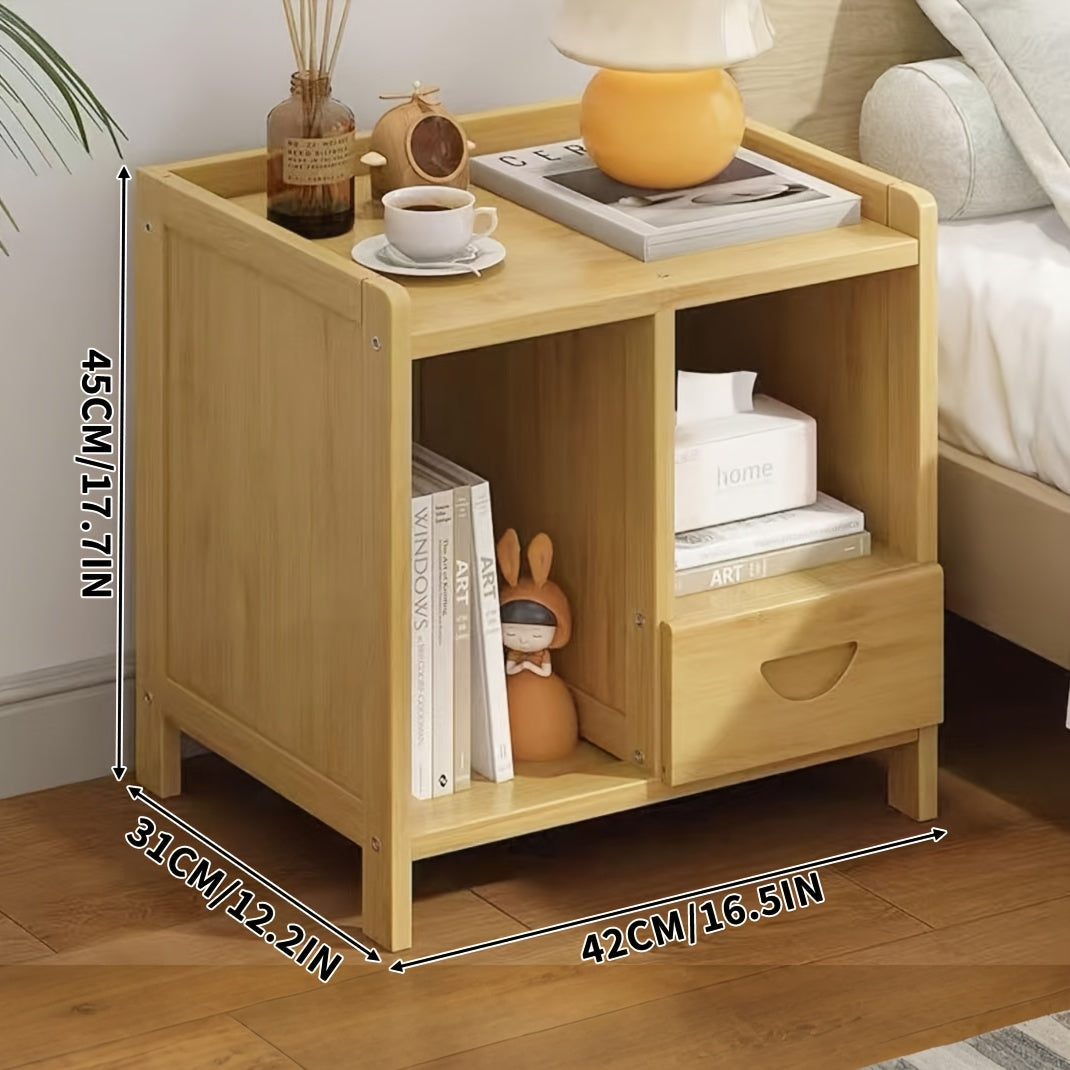 Bamboo Wood Bedside Table with Drawer and Open Storage Cabinet