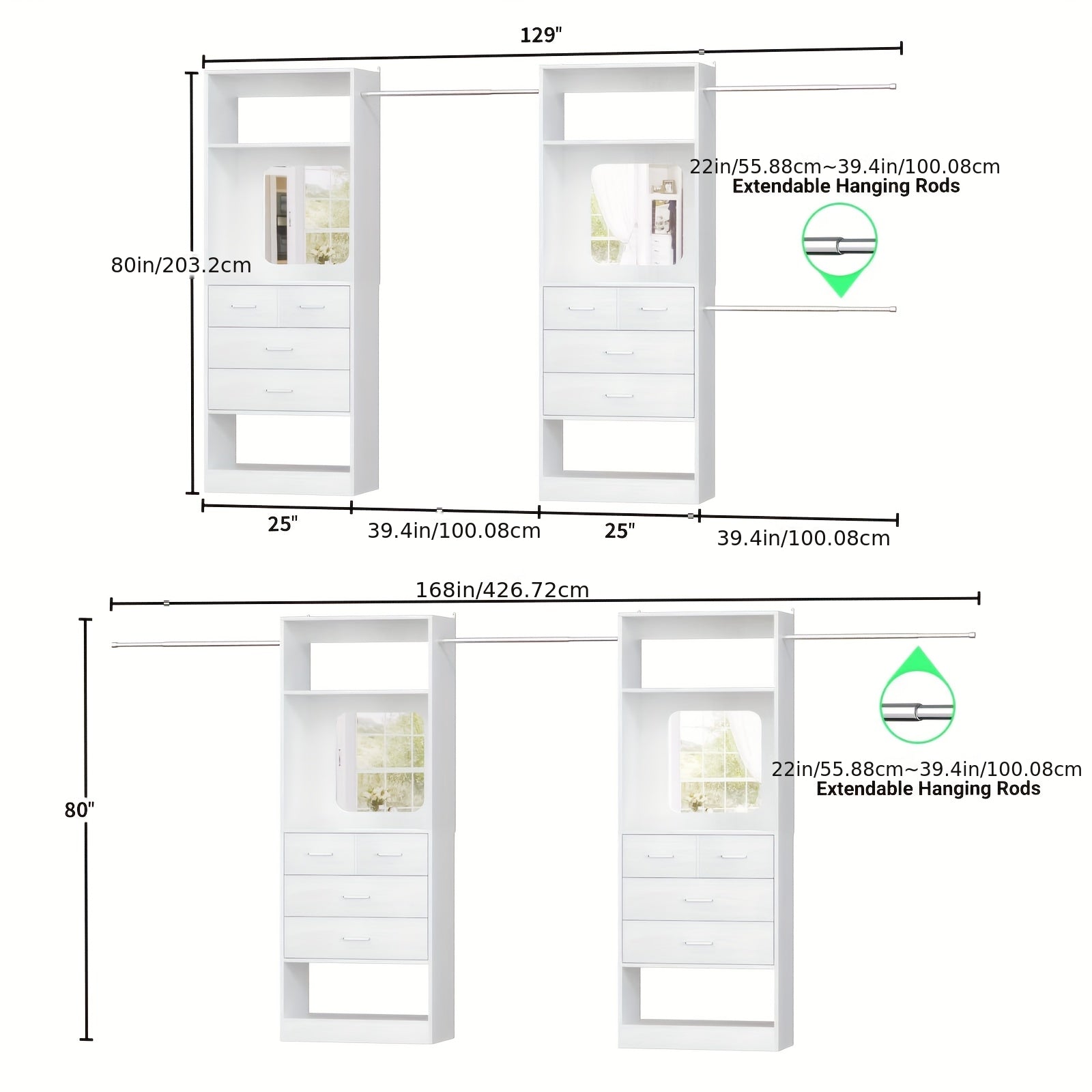 Closet Systems, 6-14ft Walk In Closet Organizer with 8 Drawers And Mirror, 168\