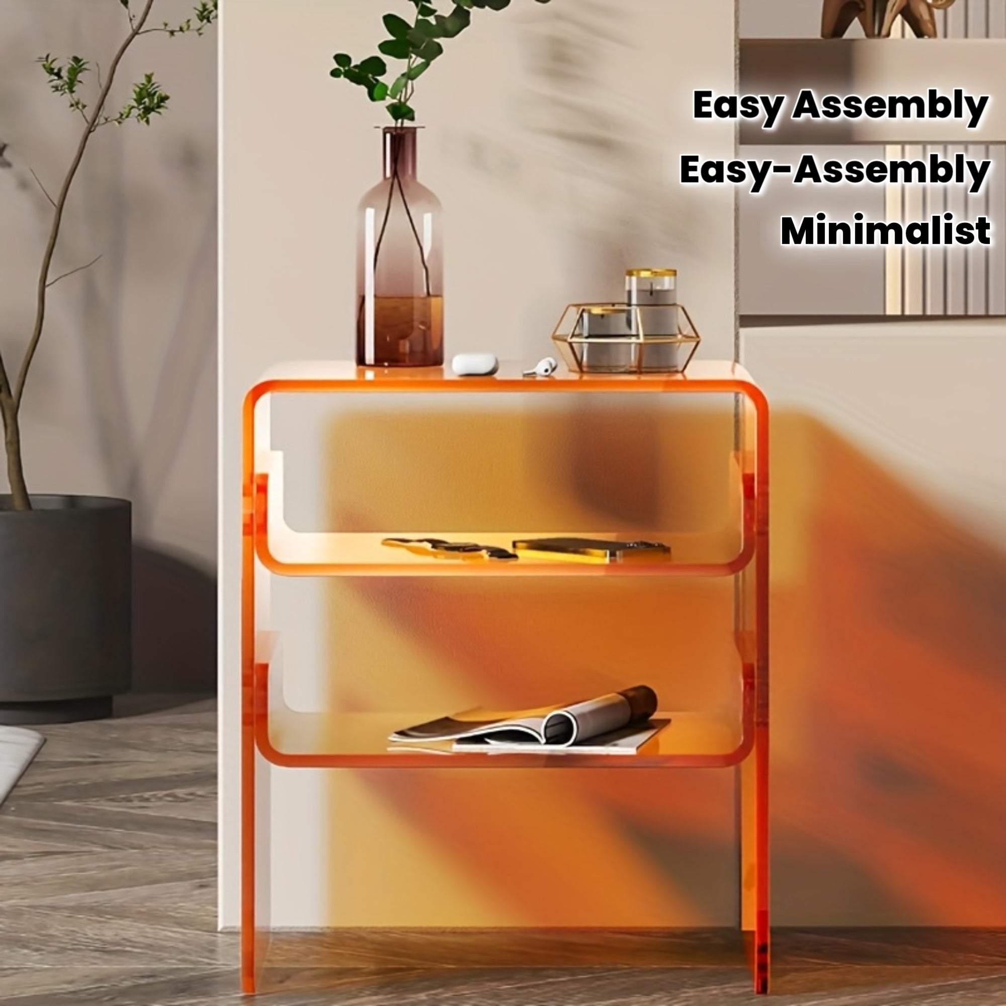 Modern Orange 3-Tier Acrylic Side Table - Heavy-Duty Multifunctional 3-Shelf Freestanding Furniture