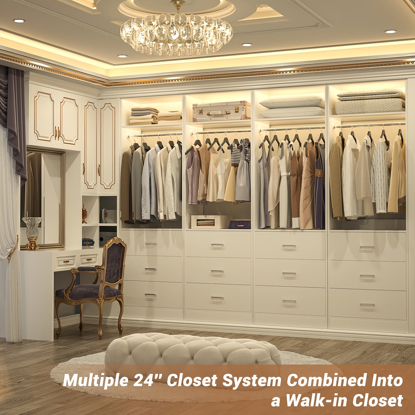 48-Inch Closet System 4FT Wardrobe System Featuring 6 Wooden Drawers, a 48-Inch Closet Organization System with 2 Hanging Rods And 2 Shelves, a Heavy-Duty 48-Inch Walk-In Closet, Sold As a Set (48 Inches Long X 15 Inches Wide X 80 Inches High)