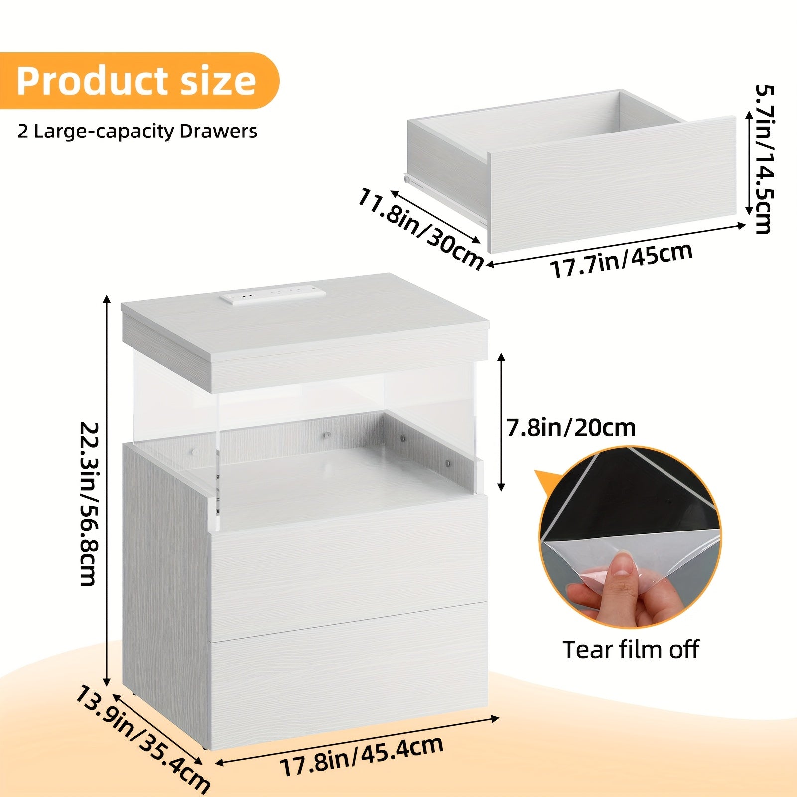 Night Stand with Charging Station And 2 Wooden Drawers