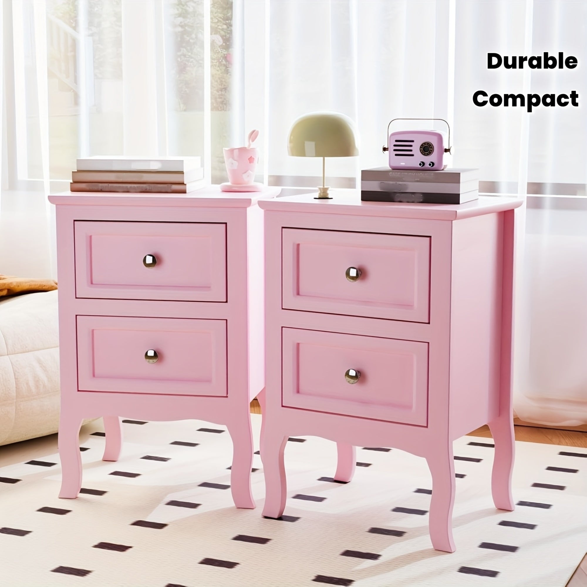 Pastoral Style Double Drawer Bedside Table, Painted Surface Density Board