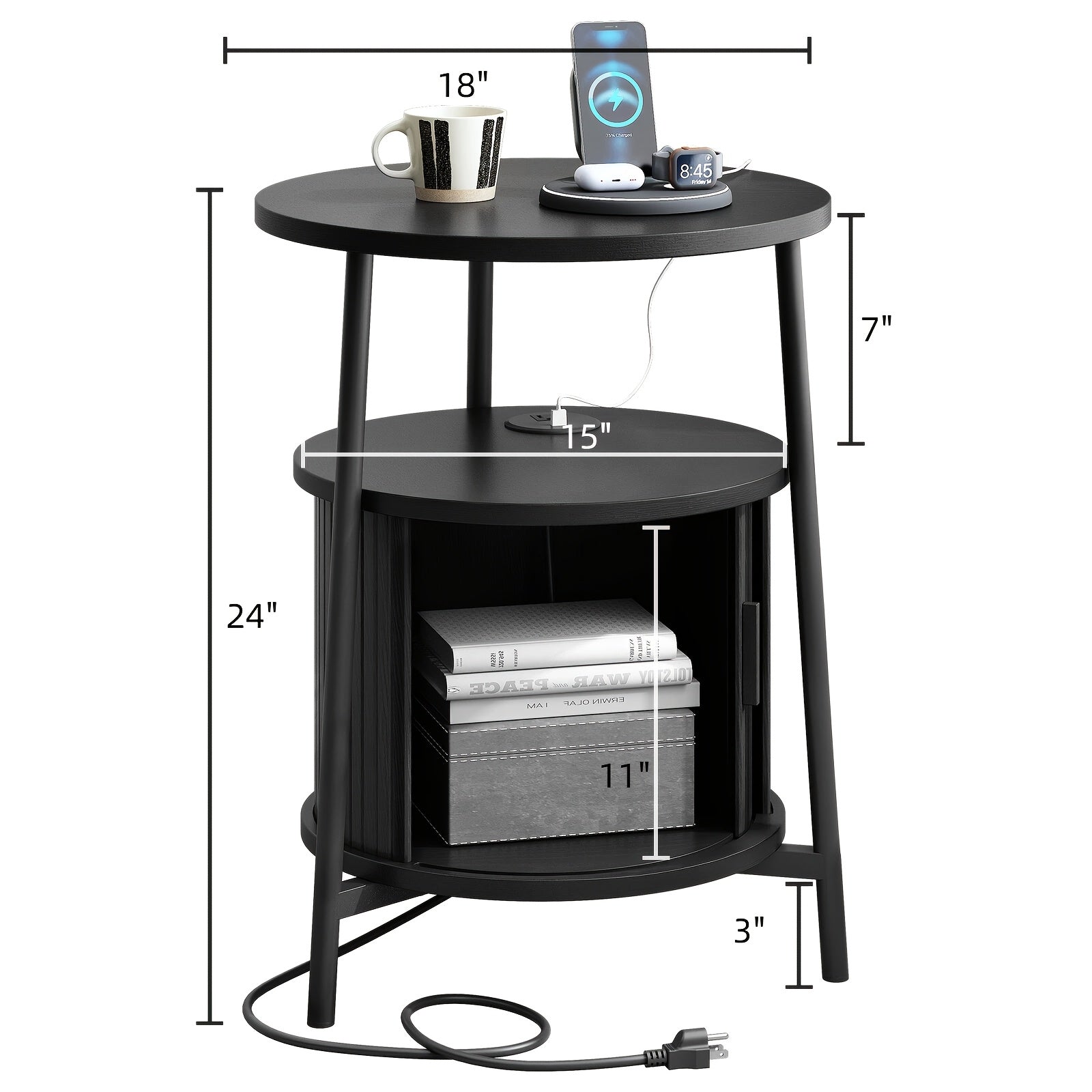 Round Side Table with Storage, Fluted Nightstand with Charging Station