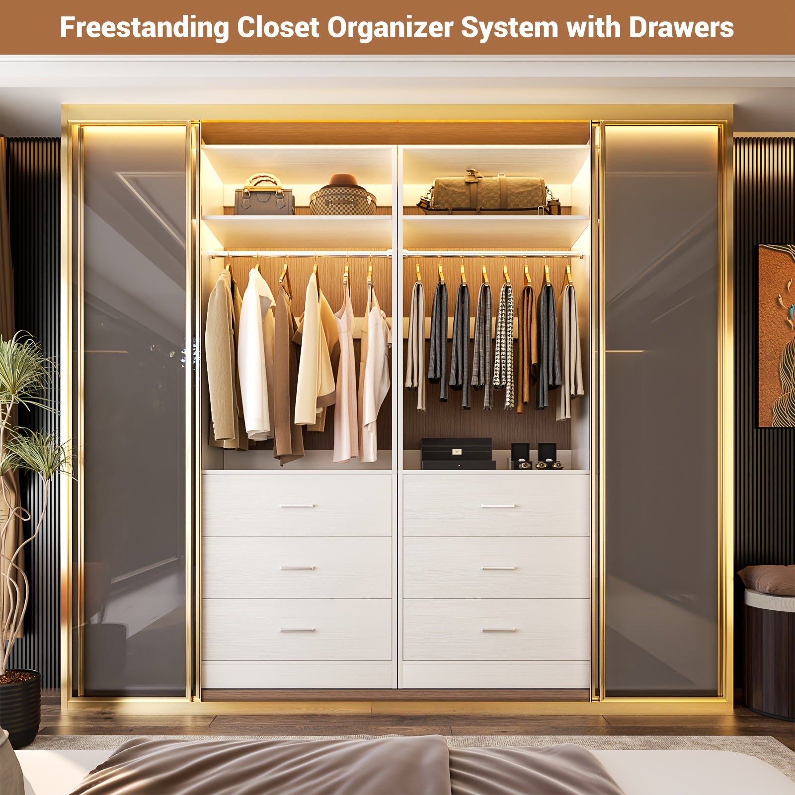 4-Foot Closet Setups Featuring 6 Wooden Drawers, a 48-Inch Closet Organization System Equipped with 2 Hanging Rods And 2 Shelves, a Robust 48-Inch Walk-In Closet, Sold As a Pair (48\