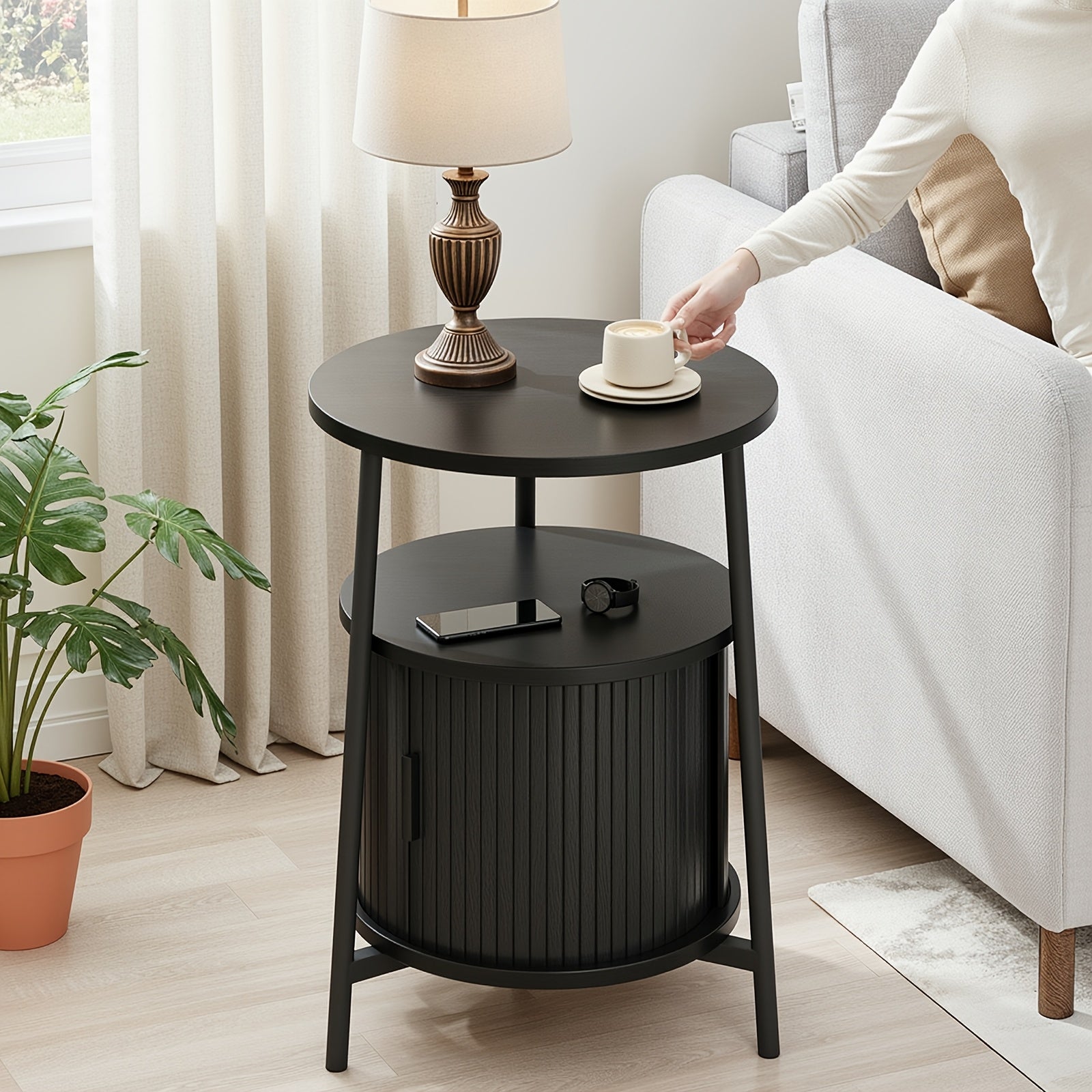 Round Side Table with Storage, Fluted Nightstand with Charging Station