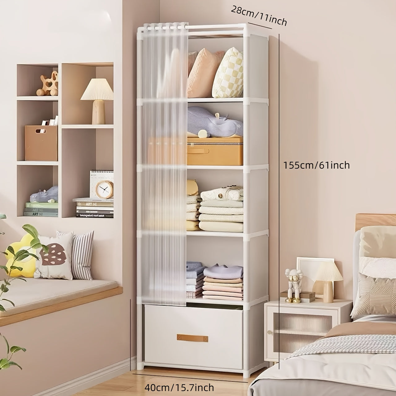 6-Tier Multi-Functional Luxury Easy-to-Assemble Wardrobe with Drawers and Curtain