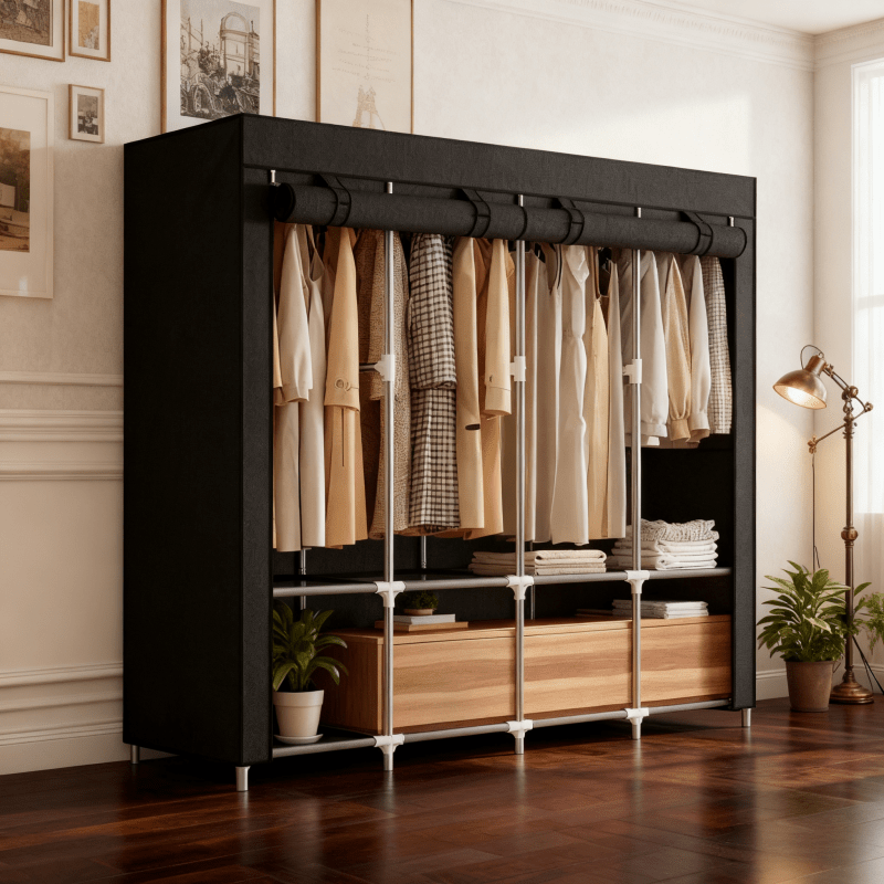 4-Tier Freestanding Wardrobe | Modern Minimalist Heavy-Duty Clothes Storage Cabinet with Sturdy Metal Frame