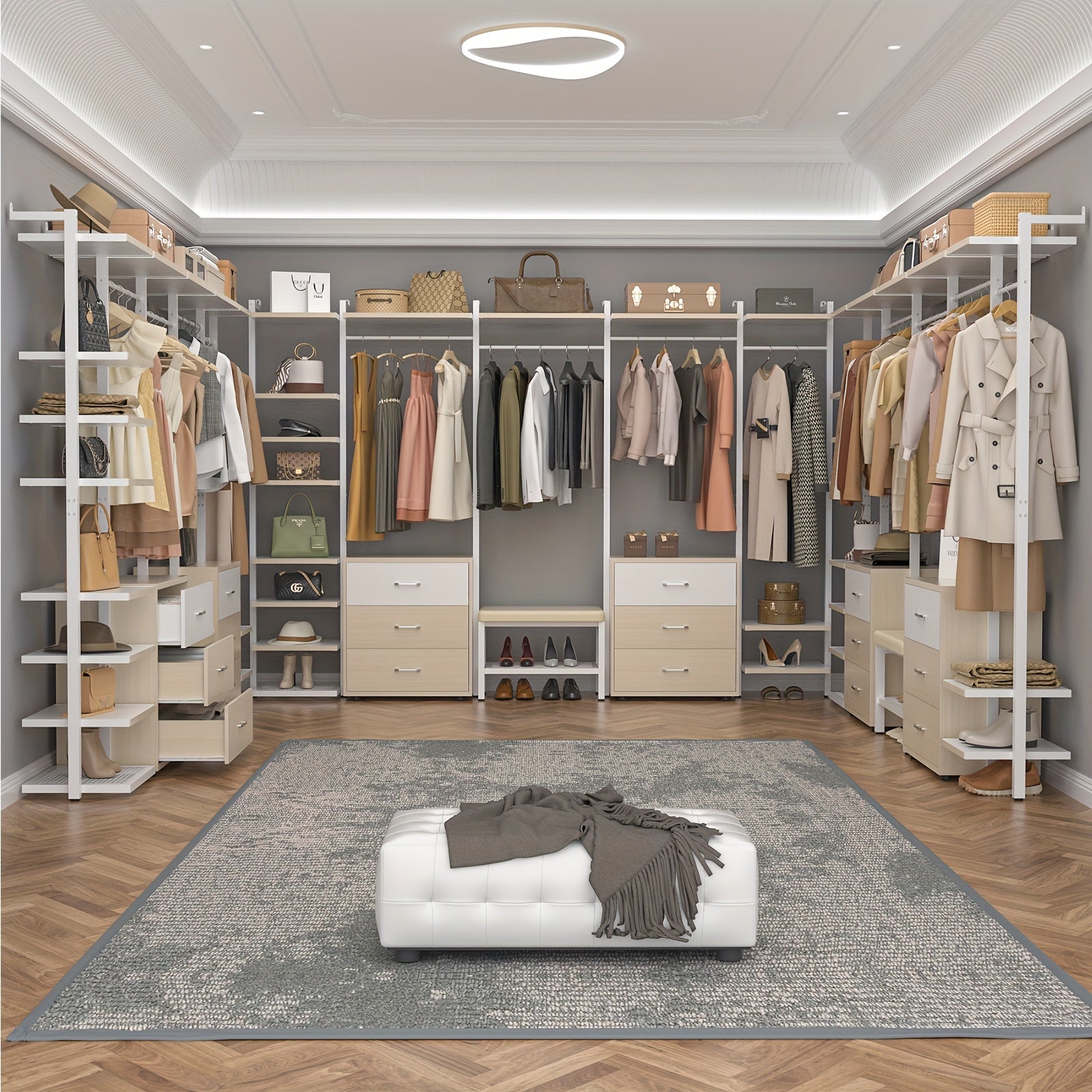 8ft Aheaplus Wardrobe System with 6 Wooden Drawers, 96in Wooden Walk-in Closet Storage Rack with Storage Shelves, Heavy Duty Clothes Hanger Wardrobe, Clothes Hanger for Hanging Clothes, Bedroom 96in L x 15.7in W x 79.5in H, Max Load 1000 Pounds